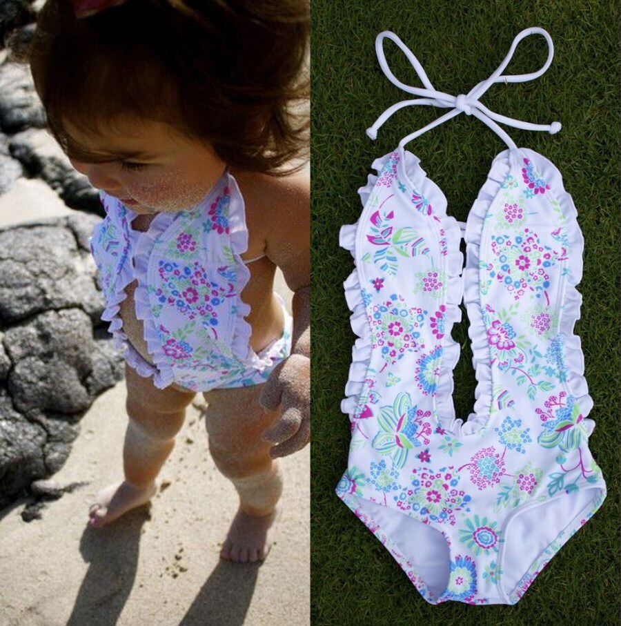 Summer Floral Baby Girls Swimwear Split Ruffled Tankini Swimsuit Bathing Suit Costume - ebowsos