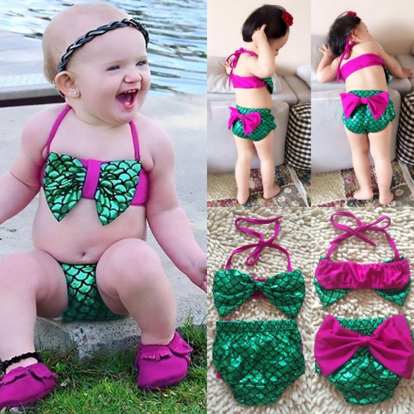 Summer Mermaid Baby Girl Bikini Set Halter Bowknot Swimwear Swimsuit Bathing Suit 0-24M - ebowsos