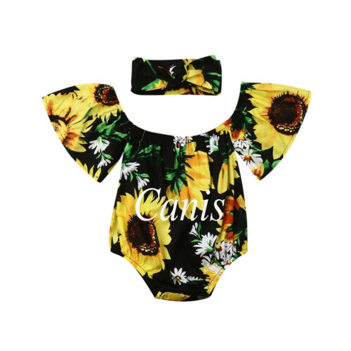 Summer 2Pcs Newborn Baby Girl Off-Shoulder SunFlower Bodysuit Sunsuit Casual Outfits - ebowsos