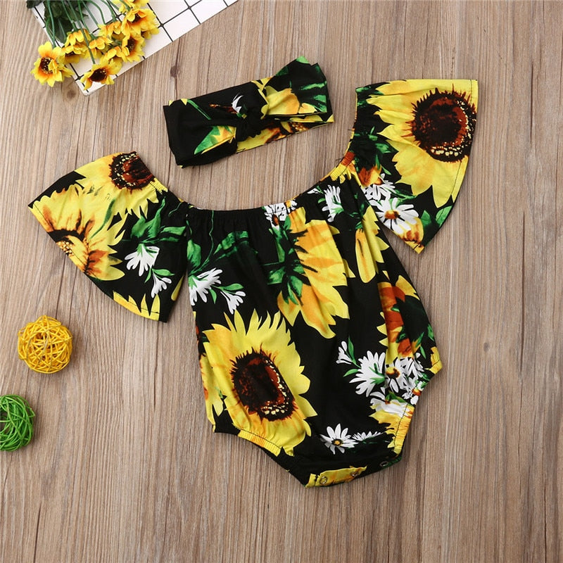 Summer 2Pcs Newborn Baby Girl Off-Shoulder SunFlower Bodysuit Sunsuit Casual Outfits - ebowsos