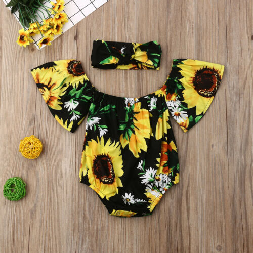 Summer 2Pcs Newborn Baby Girl Off-Shoulder SunFlower Bodysuit Sunsuit Casual Outfits - ebowsos