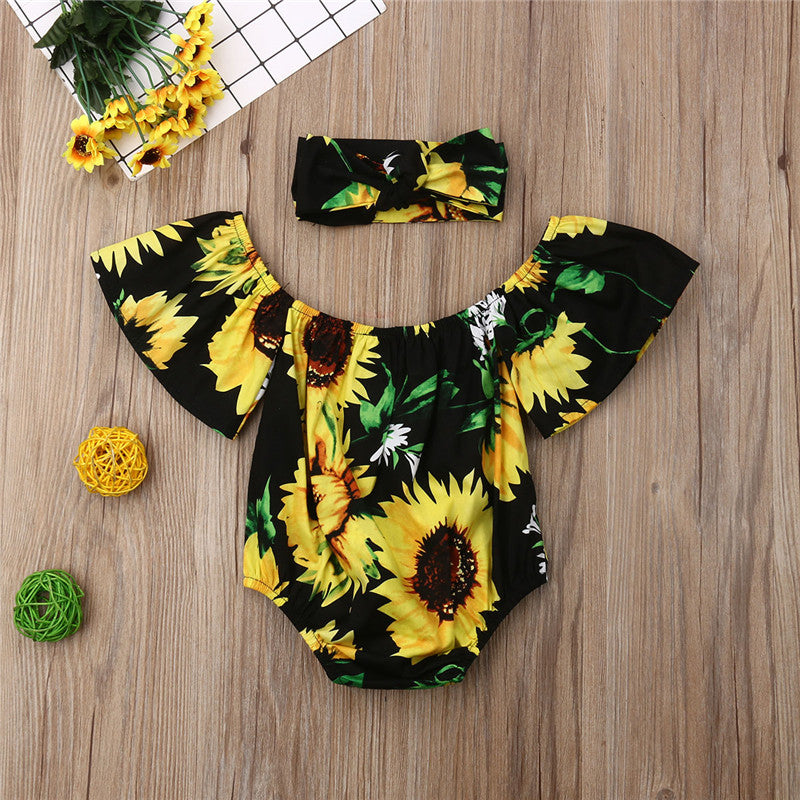 Summer 2Pcs Newborn Baby Girl Off-Shoulder SunFlower Bodysuit Sunsuit Casual Outfits - ebowsos