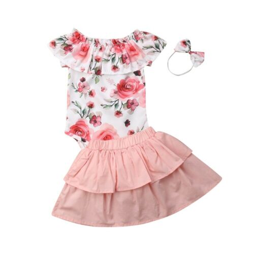 Summer 3PCS Newborn Baby Girl Clothes Collar Romper Jumpsuit+Tutu Ruffle Pink Skirt+Headband Outfit Set - ebowsos