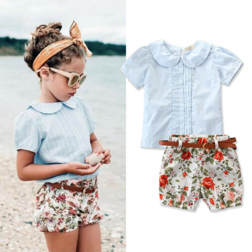 Summer 3PCS Toddler Girls Short Sleeve Top Blue T-shirt+Floral Shorts Pants Outfits Cute Set Sunsuit - ebowsos