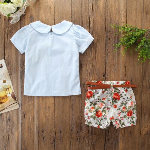 Summer 3PCS Toddler Girls Short Sleeve Top Blue T-shirt+Floral Shorts Pants Outfits Cute Set Sunsuit - ebowsos