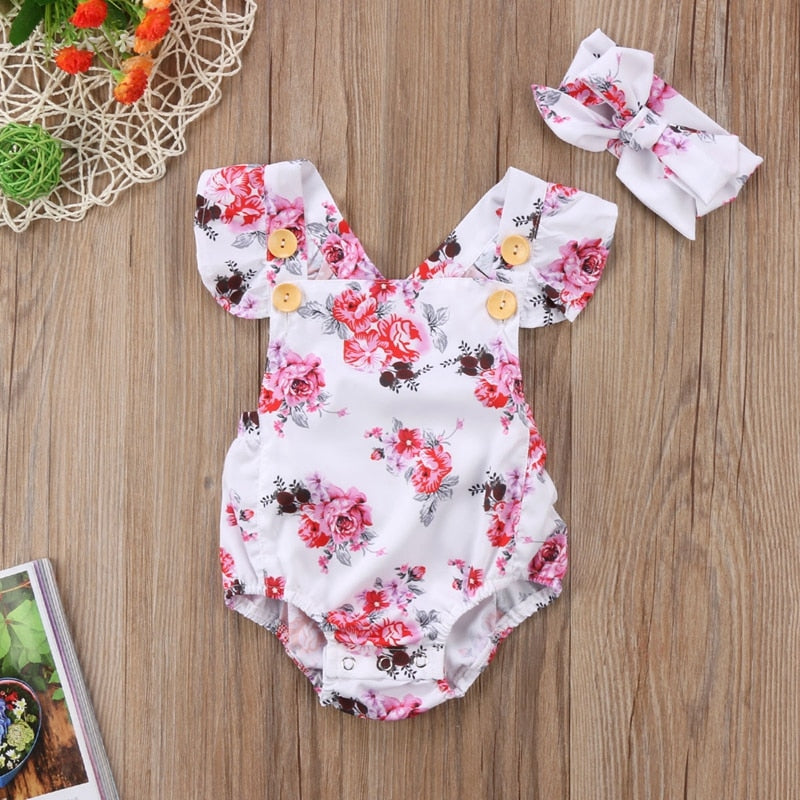 Summer Baby Bodysuit Floral Girls Suit Newborn Toddler Baby Girl Clothes Bodysuit Jumpsuit Sunsuit Outfit 2Pcs - ebowsos