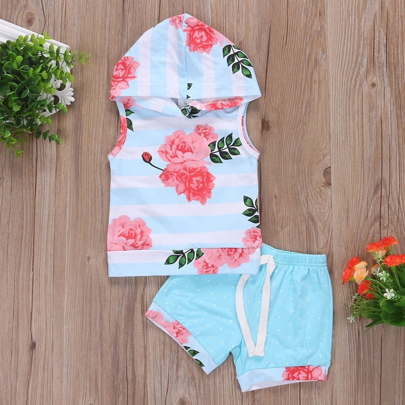 Summer Baby Girl Clothes Sets Sleeveless Newborn Baby Girls Hooded Flower Tops Shorts Summer Outfits Clothes - ebowsos