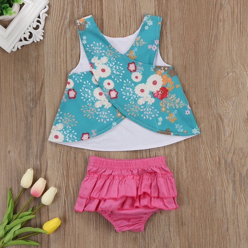 Summer Baby Girl Floral Clothes Sets Cute Infant Baby Girl Outfit Clothes Vest Top T-shirt+Tutu Shorts Pants Set - ebowsos