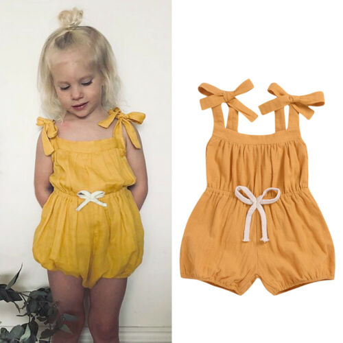 Summer Baby Girl Solid Yellow Strap Romper Sleeveless Jumpsuit - ebowsos