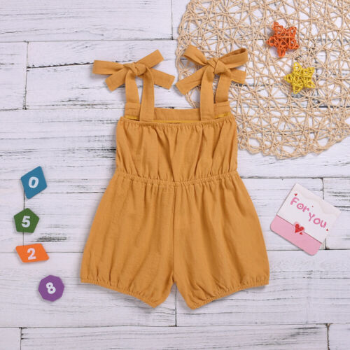 Summer Baby Girl Solid Yellow Strap Romper Sleeveless Jumpsuit - ebowsos