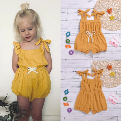 Summer Baby Girl Solid Yellow Strap Romper Sleeveless Jumpsuit - ebowsos