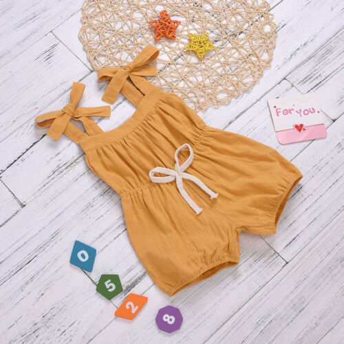 Summer Baby Girl Solid Yellow Strap Romper Sleeveless Jumpsuit - ebowsos