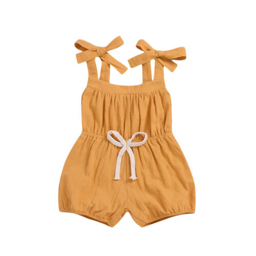 Summer Baby Girl Solid Yellow Strap Romper Sleeveless Jumpsuit - ebowsos