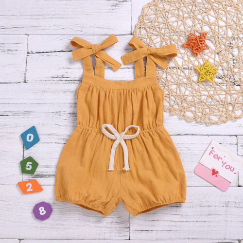 Summer Baby Girl Solid Yellow Strap Romper Sleeveless Jumpsuit - ebowsos