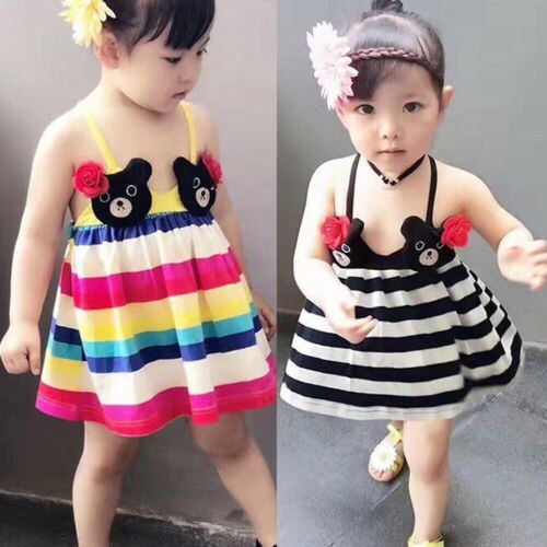 Summer Baby Girls Toddler princess Casual Sleeveless Dresses Clothes Rainbow Striped Dress 0-3T - ebowsos