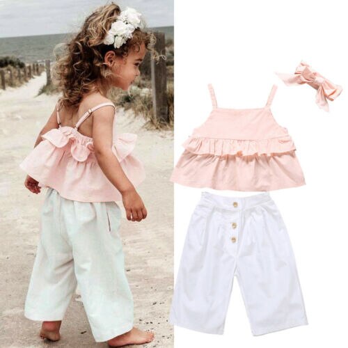 Summer Boutique Girls Clothes Children Kids Baby Girls Ruffle Sling Tops Long Wide Leg Pants 3PCS Outfits Sunsuit Size 1-6Y - ebowsos