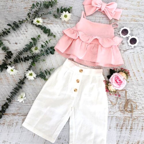 Summer Boutique Girls Clothes Children Kids Baby Girls Ruffle Sling Tops Long Wide Leg Pants 3PCS Outfits Sunsuit Size 1-6Y - ebowsos