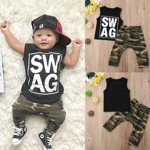 Summer Boy 2pcs Clothes Newborn Kids Baby Boys Sleeveless Tops Letters Print T-shirt Vets+Camo Pants Outfits Clothing 0-2Years - ebowsos