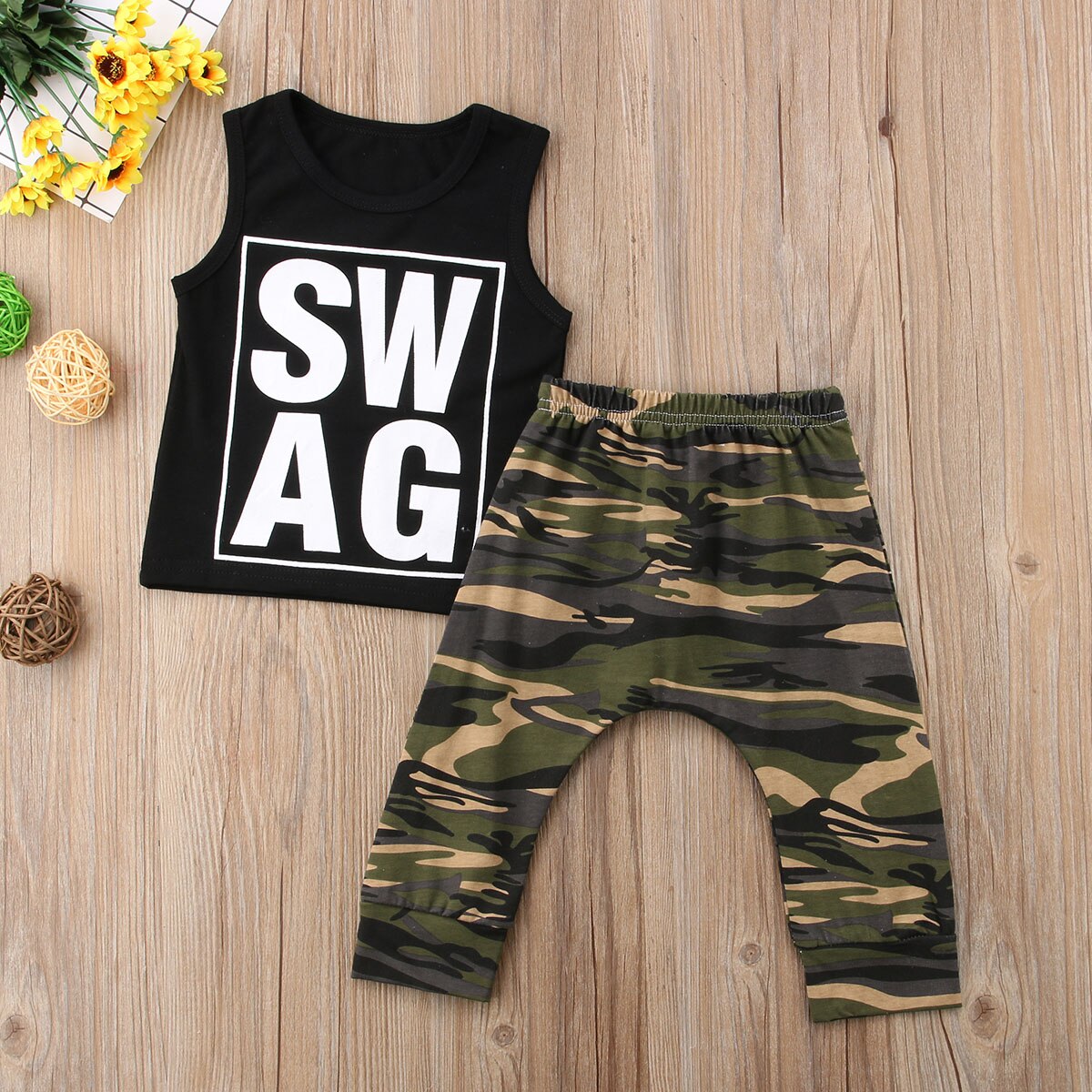 Summer Boy 2pcs Clothes Newborn Kids Baby Boys Sleeveless Tops Letters Print T-shirt Vets+Camo Pants Outfits Clothing 0-2Years - ebowsos