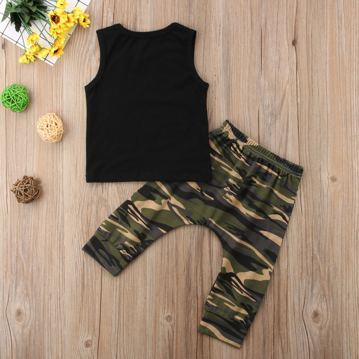 Summer Boy 2pcs Clothes Newborn Kids Baby Boys Sleeveless Tops Letters Print T-shirt Vets+Camo Pants Outfits Clothing 0-2Years - ebowsos