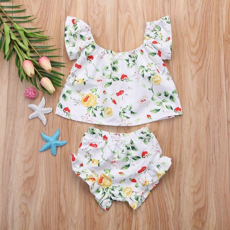 Summer Children Baby Girls Floral Clothes Sets Princess Off Shoulder Tops Shorts Clothes For Girls - ebowsos