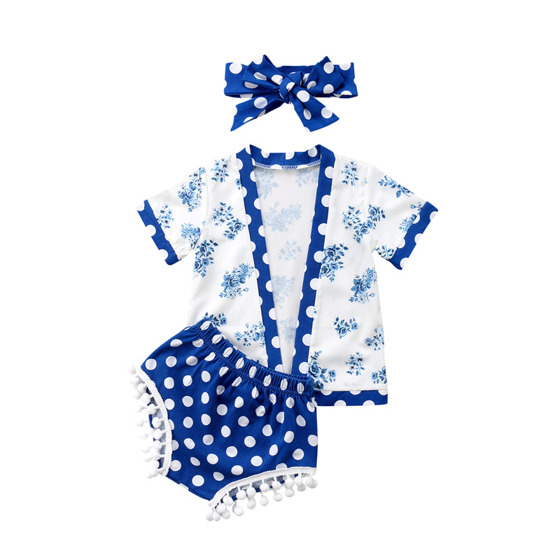 Summer Children Clothes Newborn Baby Girls Clothes Polka Dot Open Stitch Tops+Tassel Shorts Baby Bloomers Headband 2Pcs Outfits - ebowsos