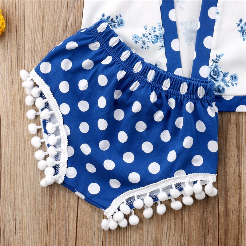 Summer Children Clothes Newborn Baby Girls Clothes Polka Dot Open Stitch Tops+Tassel Shorts Baby Bloomers Headband 2Pcs Outfits - ebowsos