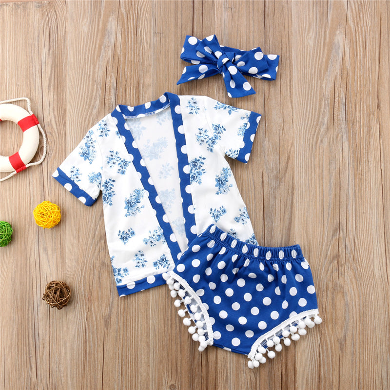 Summer Children Clothes Newborn Baby Girls Clothes Polka Dot Open Stitch Tops+Tassel Shorts Baby Bloomers Headband 2Pcs Outfits - ebowsos