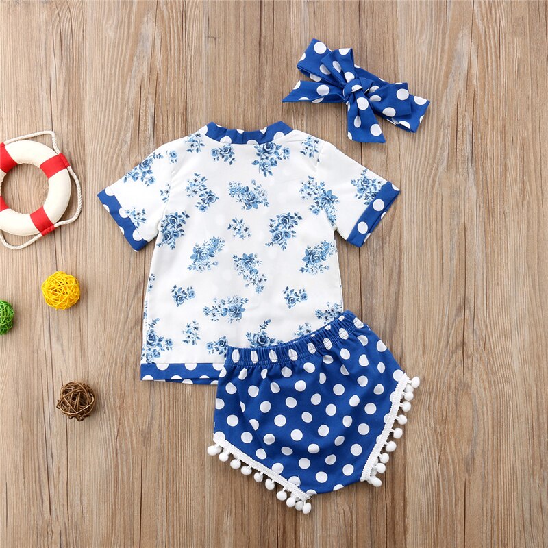 Summer Children Clothes Newborn Baby Girls Clothes Polka Dot Open Stitch Tops+Tassel Shorts Baby Bloomers Headband 2Pcs Outfits - ebowsos