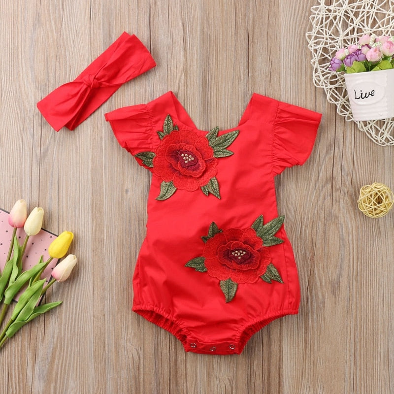 Summer Children Clothing Baby Girls Red Floral Jumpsuit Newborn Cute Clothes Embroidered Bodysuit Sunsuit - ebowsos