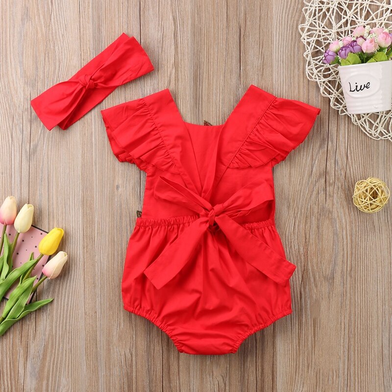 Summer Children Clothing Baby Girls Red Floral Jumpsuit Newborn Cute Clothes Embroidered Bodysuit Sunsuit - ebowsos