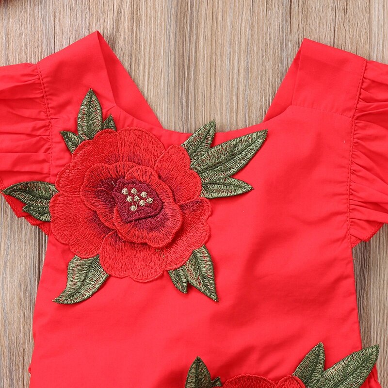 Summer Children Clothing Baby Girls Red Floral Jumpsuit Newborn Cute Clothes Embroidered Bodysuit Sunsuit - ebowsos