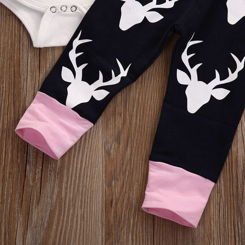 Summer Children Clothing Deer Baby Girls Outfit Home Cotton Top Romper Deer Pants Hat Set Clothes - ebowsos