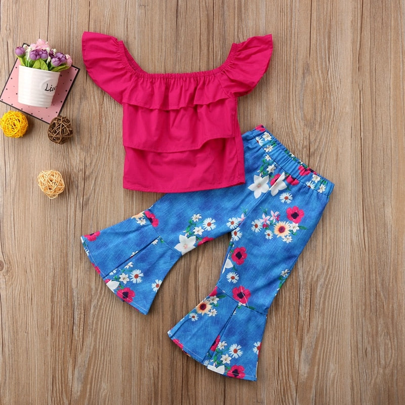 Summer Children Clothing Floral Cute Girls Suit Baby Kids Girl Clothes Off Shoulder Top Tank +Long Pants Outfit Set - ebowsos