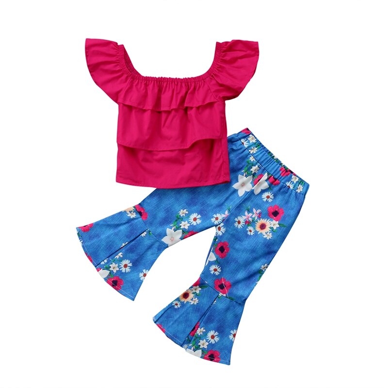 Summer Children Clothing Floral Cute Girls Suit Baby Kids Girl Clothes Off Shoulder Top Tank +Long Pants Outfit Set - ebowsos