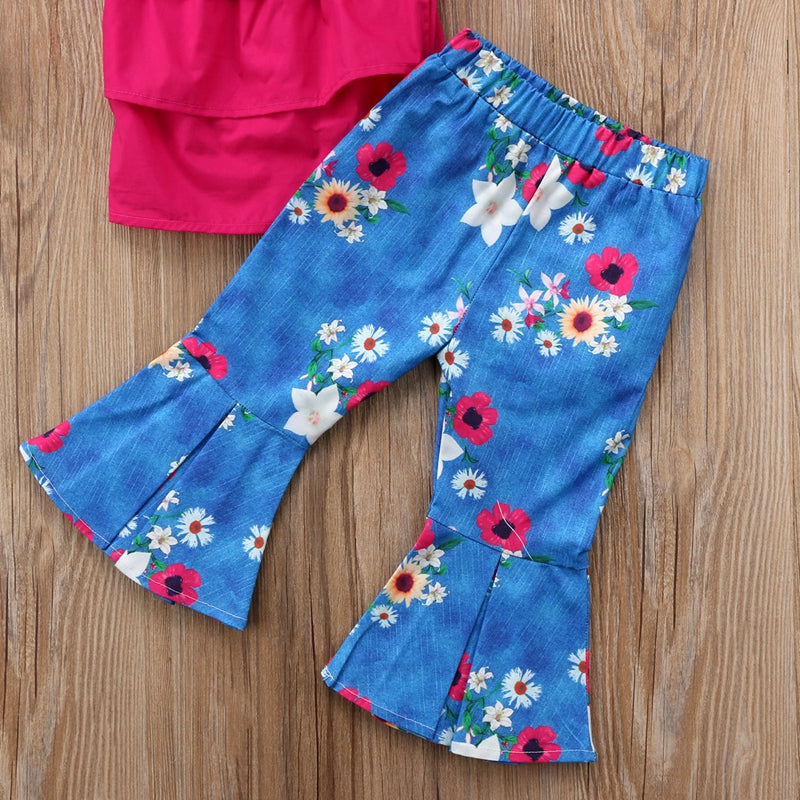 Summer Children Clothing Floral Cute Girls Suit Baby Kids Girl Clothes Off Shoulder Top Tank +Long Pants Outfit Set - ebowsos