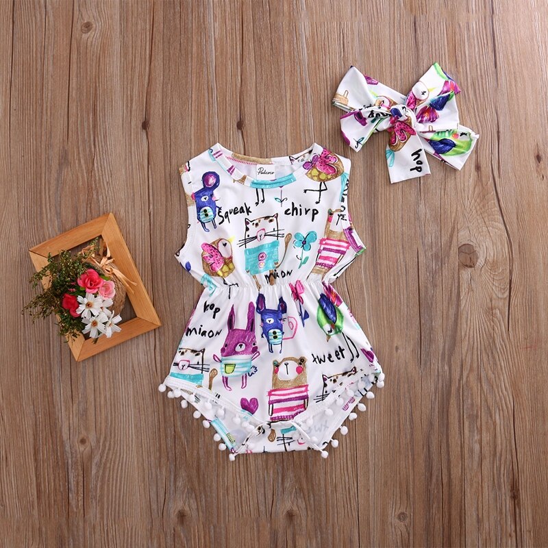 Summer Children Clothing Girls Bodysuit Summer Baby Girls Painting Bodysuit Headband Jumpsuit Sunsuit Outfit - ebowsos