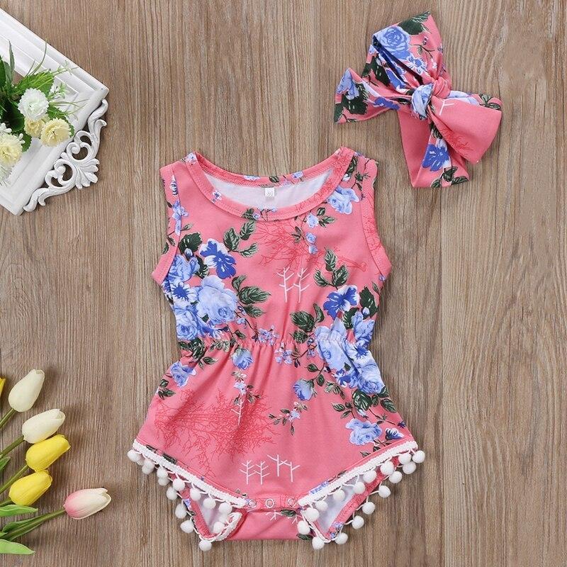 Summer Children Clothing Infant Floral Baby Girls Floral Tassels Romper Jumpsuit Outfits Summer Clothes 0-2T - ebowsos