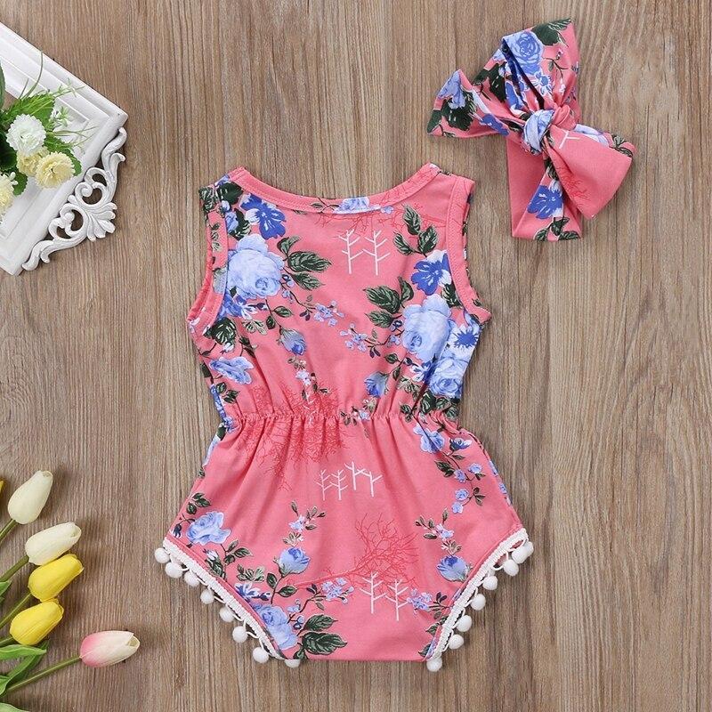 Summer Children Clothing Infant Floral Baby Girls Floral Tassels Romper Jumpsuit Outfits Summer Clothes 0-2T - ebowsos