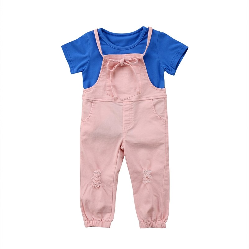 Summer Children Clothing Kid Girls Short Sleeve Shirt Strap Pants Romper Jumpsuit Outfits Clothes Set - ebowsos