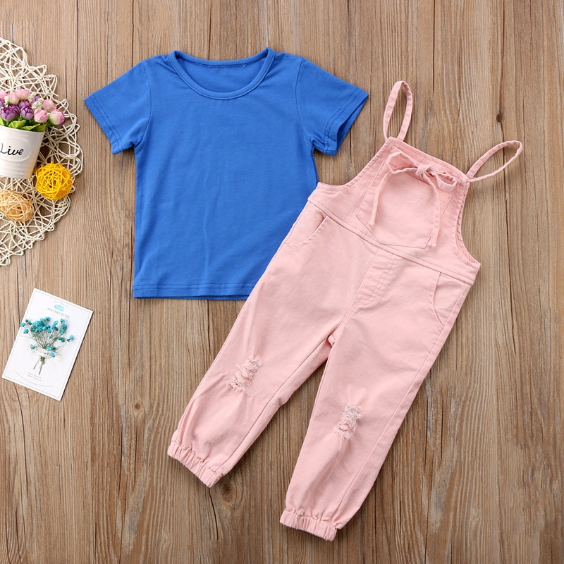 Summer Children Clothing Kid Girls Short Sleeve Shirt Strap Pants Romper Jumpsuit Outfits Clothes Set - ebowsos