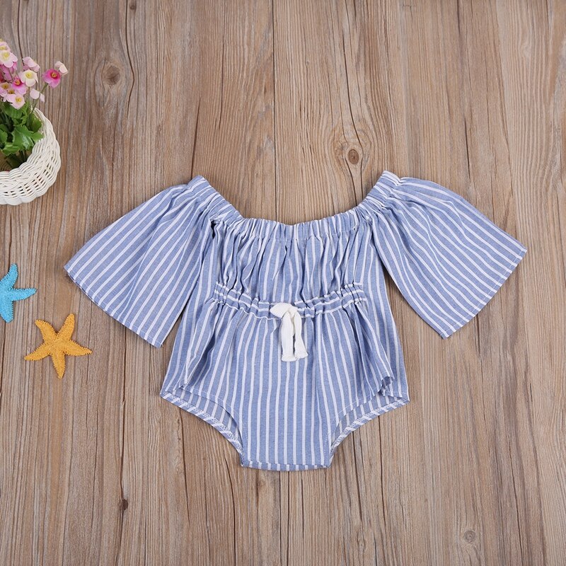 Summer Children Clothing Kids Baby Girls Bodysuit Striped Off-Shoulder Short Sleeve Jumpsuit Bodysuit One-Pieces Clothes - ebowsos