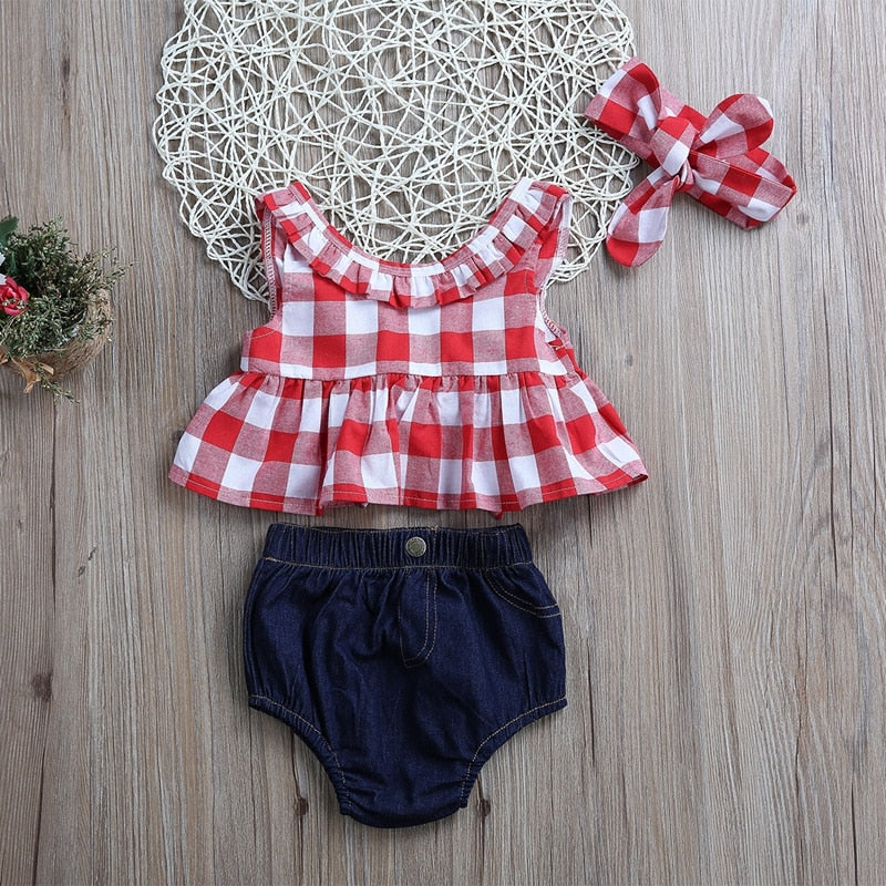 Summer Children Clothing Plaids Baby Girl Clothes Sets Outfits Clothes T-shirt Tops Blue Jeans Shorts Bow Headband - ebowsos