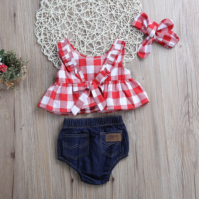 Summer Children Clothing Plaids Baby Girl Clothes Sets Outfits Clothes T-shirt Tops Blue Jeans Shorts Bow Headband - ebowsos