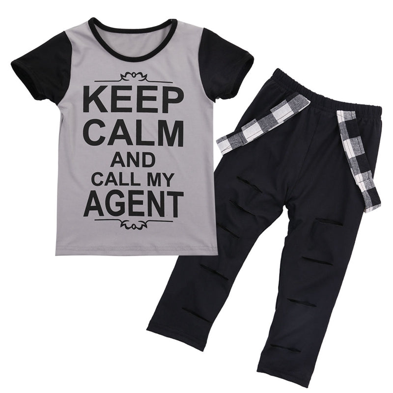 Summer Children Clothing Sets Broken Hole Pants Set Toddler Kids Girls Clothes Print Tops T-shirt Pants Leggings Outfits - ebowsos