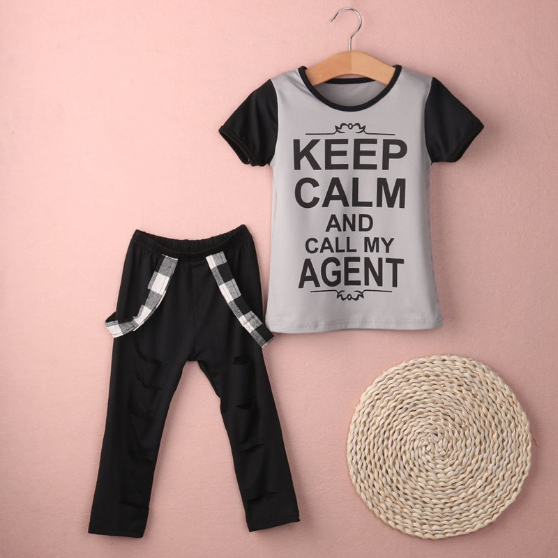 Summer Children Clothing Sets Broken Hole Pants Set Toddler Kids Girls Clothes Print Tops T-shirt Pants Leggings Outfits - ebowsos