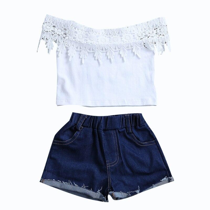 Summer Children Clothing Toddler Kids Baby Girls Princess Clothing Lace Tops Shirt Denim Shorts Pants Outfits Set Clothes - ebowsos