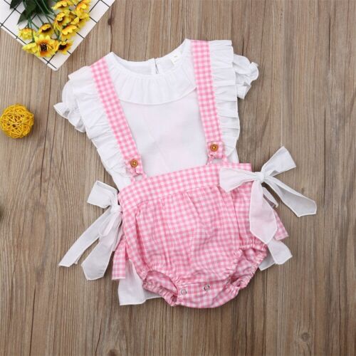 Summer Clothing Newborn Baby Girl 0-24M Ruffles Sleeve White T-shirt + Plaid Bow Ruffle Sling Pants Outfits 2pcs Sets - ebowsos