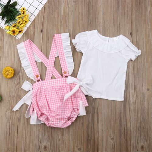 Summer Clothing Newborn Baby Girl 0-24M Ruffles Sleeve White T-shirt + Plaid Bow Ruffle Sling Pants Outfits 2pcs Sets - ebowsos