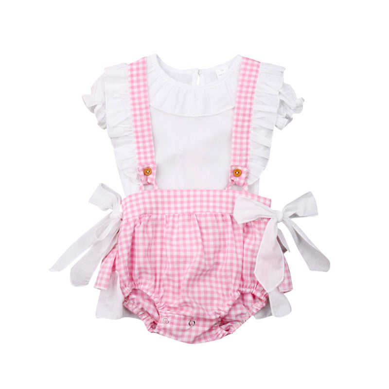 Summer Clothing Newborn Baby Girl 0-24M Ruffles Sleeve White T-shirt + Plaid Bow Ruffle Sling Pants Outfits 2pcs Sets - ebowsos